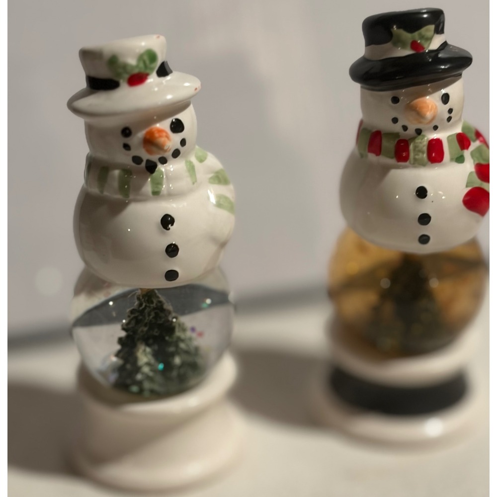 Snowman Salt and Pepper Shakers Snow Globe Base Ceramic Christmas Holiday Decor